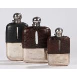 Plate and leather mounted glass hip flask by James Dixon and Sons, two plated and brown alligator