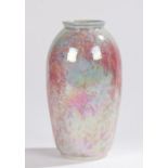 Ruskin pottery vase, the mottled grey and red ground with iridescent finish, stamped marks to base