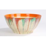 Clarice Cliff Delecia bowl, with mottled red, orange, purple and green decoration to the exterior,