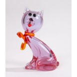 Murano glass cat, attributed to Cenedese, the cat with a pale purple body, a fire orange and red