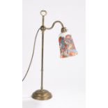 20th Century brass reading lamp, with foliate glass shade and adjustable column, 54.5cm high