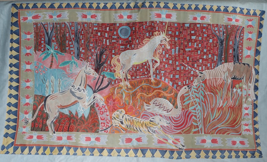 20th Century silk screen wall hanging, with unicorns among trees and a dog by a goose, 174cm wide,
