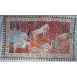 20th Century silk screen wall hanging, with unicorns among trees and a dog by a goose, 174cm wide,