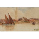 Arthur Gordon (1883-1944), "Brentford", riverside scene with sailing boat and distant buildings,