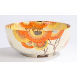 Clarice Cliff Bizarre Rhodanthe pattern bowl, with orange yellow and brown foliate decoration to the