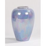 Ruskin pottery vase, the mottled blue ground with iridescent finish, stamped marks to base and