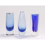 Blue and clear glass vase of triangular form, two other blue and clear glass vases (3)