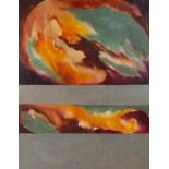 Moira Doggett (B1927), abstract study in oranges and greens with grey bands, signed and sated '65,