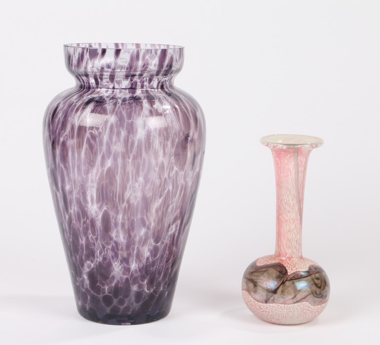 Murano mottled amethyst effect glass vase, 24.5cm high, Mdina glass vase with trumpet stem above a