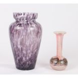 Murano mottled amethyst effect glass vase, 24.5cm high, Mdina glass vase with trumpet stem above a
