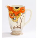 Clarice Cliff Bizarre Rhodanthe pattern jug, the body with angular handle and spout, orange yellow