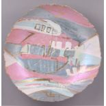 Pottery bowl with abstract grey, puce and gold decoration, housed in a perspex wall hanging box