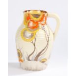 Clarice Cliff Bizarre Rhodanthe pattern jug, the ribbed body with loop handle, orange yellow and