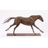 Contemporary steel sculpture, welded panels and barbed wire tail forming a galloping horse, 52cm