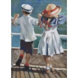 Sherree Valentine Daines (1959) Young boy and young girl standing on a pier, signed SEVD, 13.5cm x