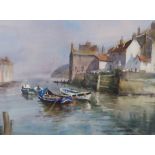 Andrew King, (1956) North Yorkshire coast Staithes Harbour, Boats tied up, signed watercolour,