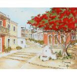 Bernard Dufour (1922-2016), continental street scene with steps and red blossoming tree to the