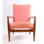 Parker Knoll armchair, with pink upholstered cushions and show wood frame