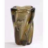 Whitefriars style glass vase, with brown tapering swirled body, 20cm high