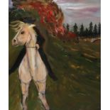 20th Century landscape scene, figure on a grey horse with fire burning to the rear ground, oil on