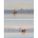 Frank Holme, boats on a calm sea with distant buildings, pair of watercolours, one signed, housed in