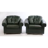 Pair of late 20th Century green leather club style armchairs, with button upholstered back cushions,