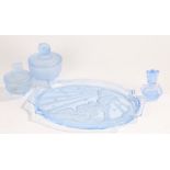 20th century moulded glass dressing table set, consisting of tray, two glass pots and covers,