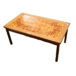 Mid 20th century teak tile top coffee table, on square chamfered legs, 92cm x 52cm