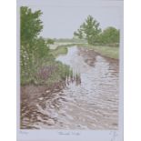 Limited edition print "Quiet Inlet", initialled JG, numbered 78/90, housed in a silvered frame,