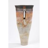 Art pottery vase, possibly by Rosemary Whittaker, the oval tapering body with two pierced