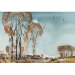 Hugh Brandon-Cox, (1917-2003) Road leading to a village, signed watercolour, 61cm x 42cm