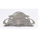 Art Nouveau style match box holder, with pierced scroll and mask decoration, 15.5cm wide, 7cm high