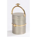 Gucci cigarette box, circa 1970, of cylindrical white metal form with gilt swing handle to the