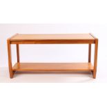 Mid 20th Century teak coffee table, on shaped pierced end supports united by a flattened undertier,,