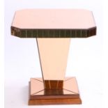 Art Deco mirror effect occasional table, the square top with canted corners above a tapering stem