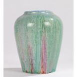 Clarice Cliff Delecia vase, with mottled red, green and blue decoration, printed mark to base,