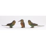 Cold painted bronze kingfisher, 6.5cm high, pair of green and yellow pained bronze parakeets 16cm