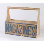 20th Century painted pine magazine rack, the front and back panels engraved MAGAZINES and painted in