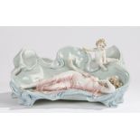 Art Nouveau porcelain planter, the shaped dish with raised depiction of a reclining lady and