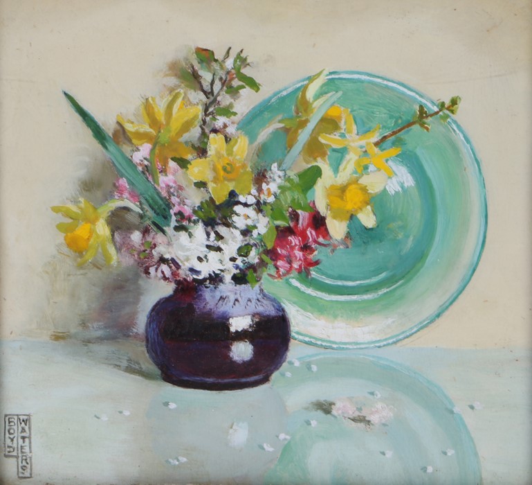 Frederick Boyd Waters (1879-1967) Still life of flowers with a vase and dish, signed oil on board,