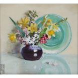Frederick Boyd Waters (1879-1967) Still life of flowers with a vase and dish, signed oil on board,