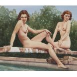 Wilfred Glyndon May, two nude bathers on a diving board, signed watercolour, housed in a gilt and