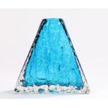 Whitefriars blue and clear glass "Pyramid" vase with bark effect exterior, 17.5cm high