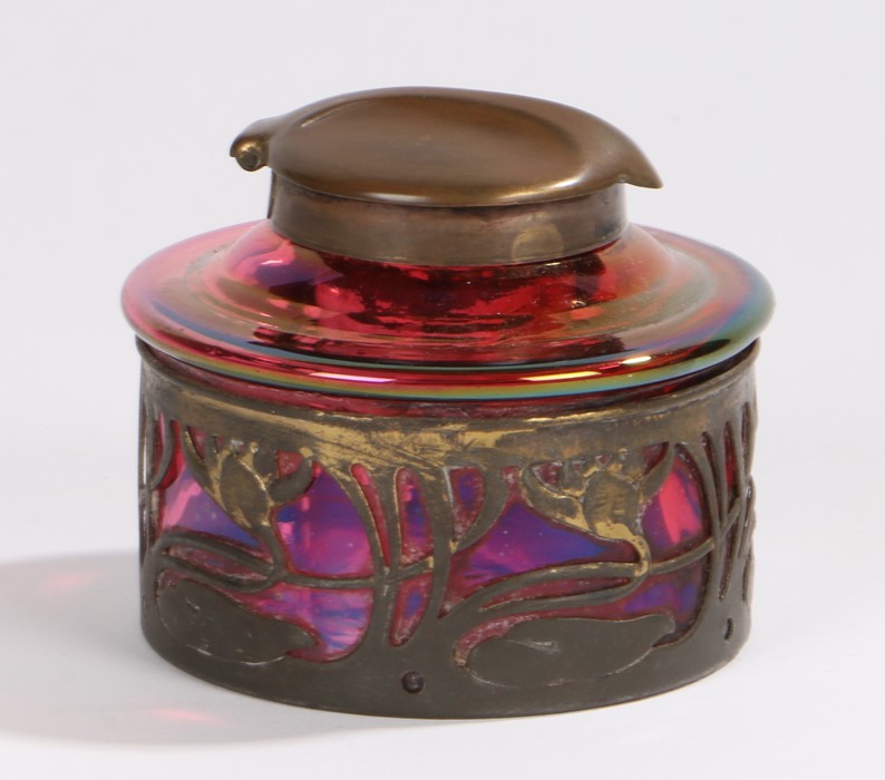 Loetz Art Nouveau glass inkwell, the red lustre glass body with hinged lid and overlaid pierced