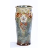 Royal Doulton vase, the mottled green and blue body with raised foliate and scroll decoration,