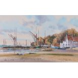 Michael Norman (1943) Thames Barges lined up near Pinn Mill, signed and dated 2002 watercolour, 34cm