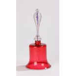 19th Century Bristol Nailsea glass bell with wrythen blue red, white and clear glass handle above