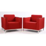 Pair of 20th Century armchairs, with show wood arms and red upholstery (2)