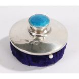 George V silver mounted pin cushion, with turquoise enamel finial and blue velvet cushion, 5cm