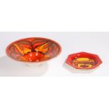 Poole Pottery Delphis bowl, pattern number 76, the red ground with yellow and orange abstract